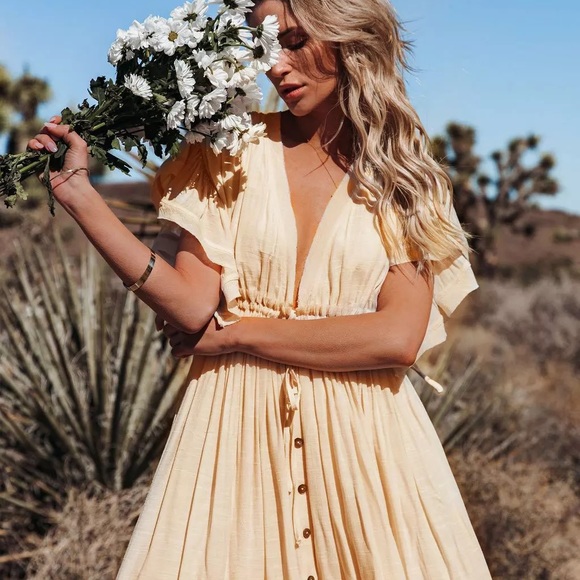 Oat Cream Boho Gauze Boho Button Flutter Maxi Butterfly Arms Dress - Picture 8 of 11